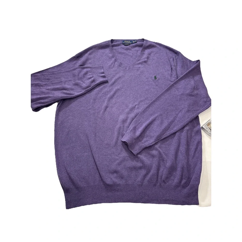 Polo Ralph Lauren Pima Cotton V neck Green Pony Purple Holiday Sweater Men's XXL